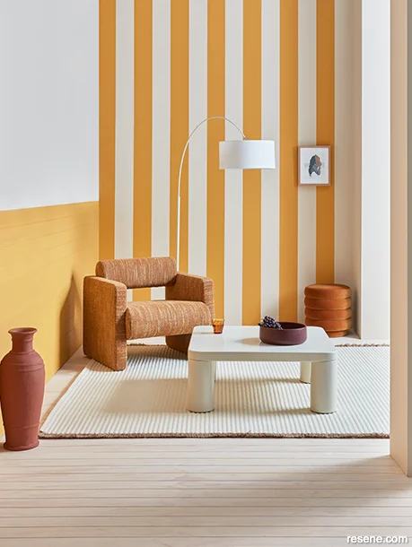 Stripes and tongue-and-groove panelling in Resene Pizza