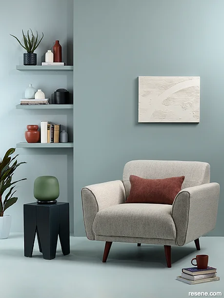 Eggshell blue sitting room with walls painted in Resene Inside Back