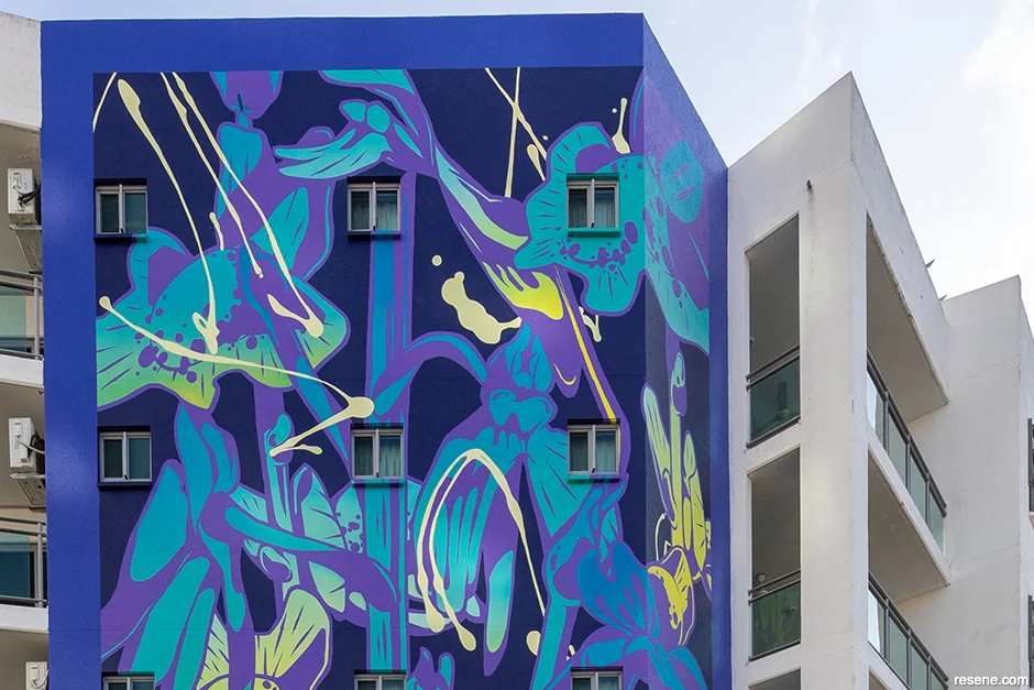 Detail of George Rose mural on Argus Apartments