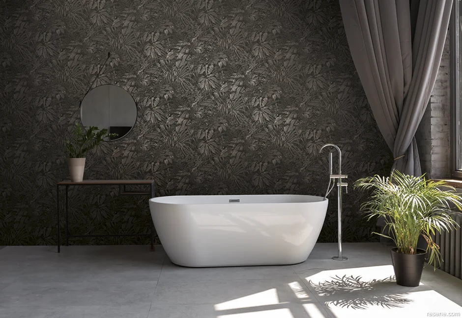 Bathroom featuring botanical wallpaper print – Resene Wallpaper Collection AS395606