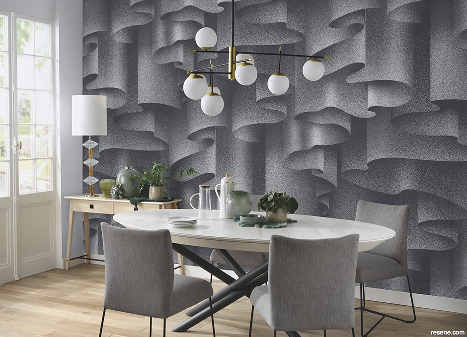 Neutral dining room with dramatic grey patterned wallpaper