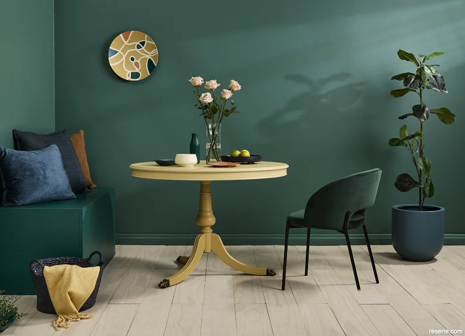 Dining room in rich teal, inspired by the deep still waters of a lake