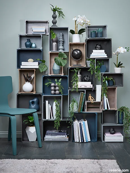 Upcycled wooden storage crates used as stylish open shelving