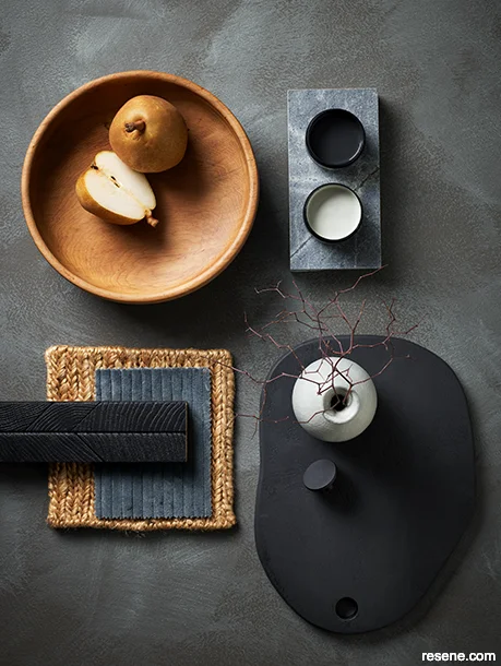 A moodboard showcasing dark neutrals