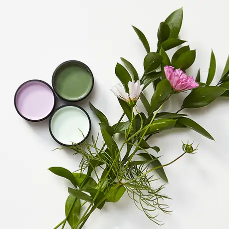 A moodboard showcasing gentle shades of green and purple