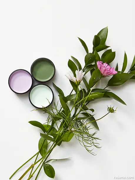 A moodboard showcasing gentle shades of green and purple