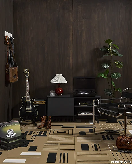 A 70s-inspired lounge using strong natural materials - wood stains