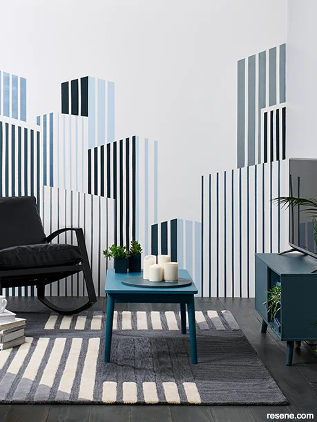 An interior cityscape wall mural