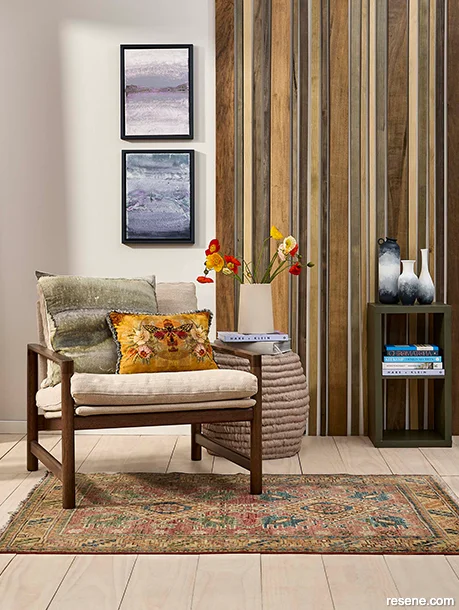 A cosy and calm timber feature wall stained with Resene wood stains