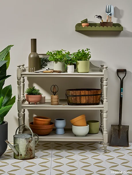 A patio potting station in the cottagecore style