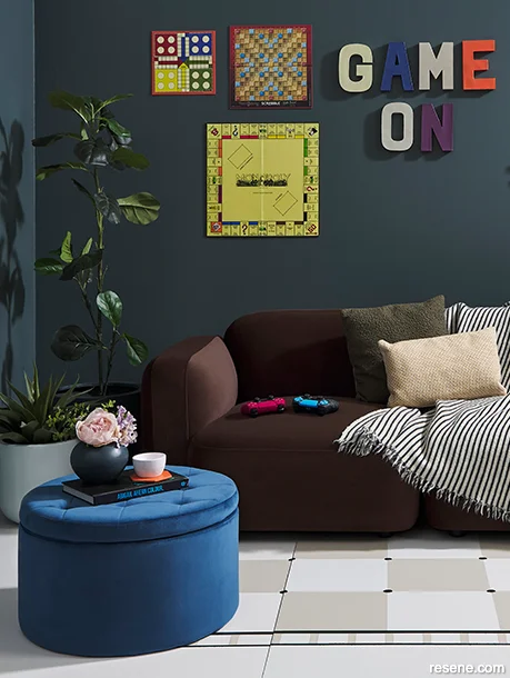 Moody rumpus room with board game inspired decorations