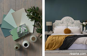 Tropical green bedroom theme with hand painted palm tree headboard