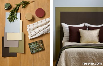 Bedroom greys with orange and yellow or dark green accents