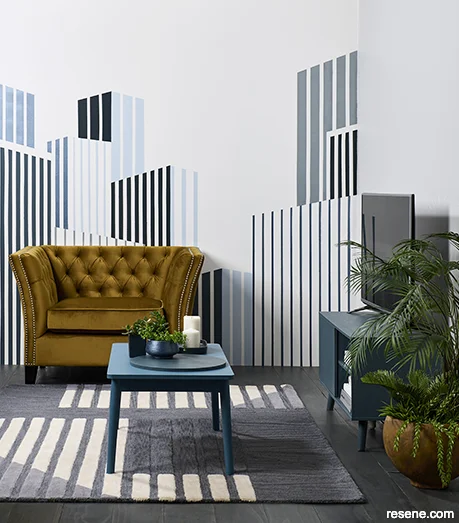 A lounge with a cityscape wall mural
