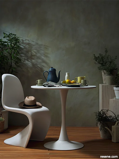 A luxurious patio with a moody colour palette