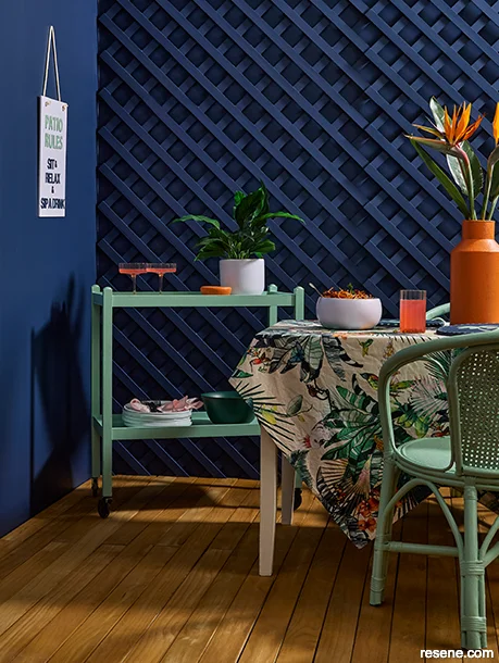 A maximalist outdoor dining area