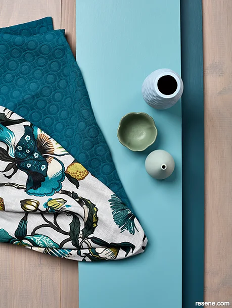 A moodboard with summery blue/green hues and NZ native birds curtains