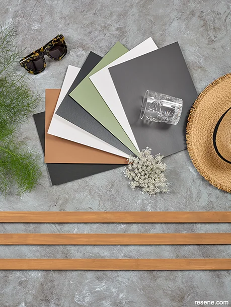 A moodboard showing moody hues for an outdoor area