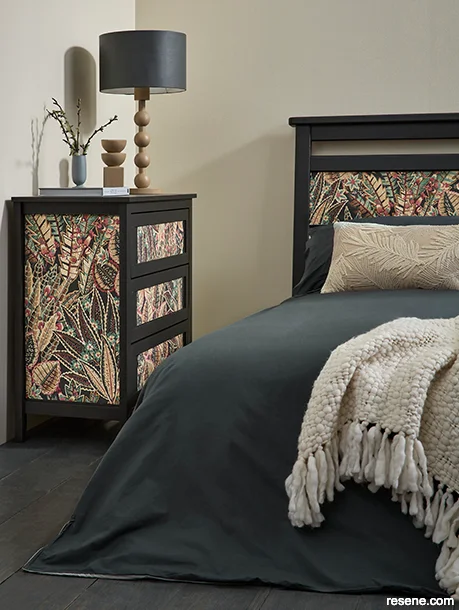 A neutral bedroom with wallpapered furniture