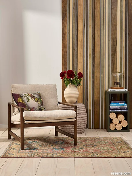 A stained timber feature wall with a 70s vibe