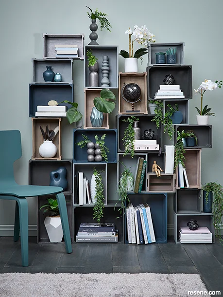 Stylish DIY crate shelving in a home interior