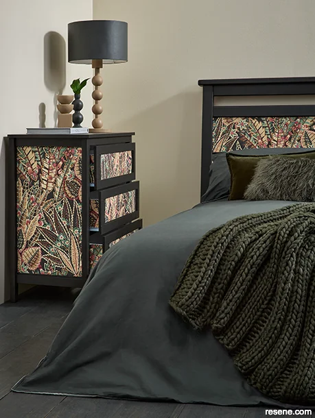 Wallpapered furniture featuring a bold foliage pattern