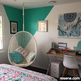 Green and white bedroom