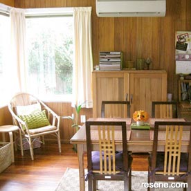 Beige, green, and orange dining room