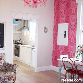 Pink and white dining room