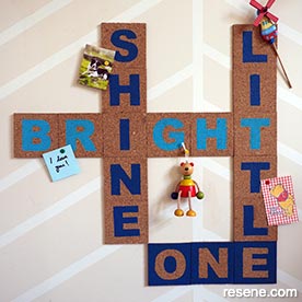Stencil "Shine bright little one" on cork tiles