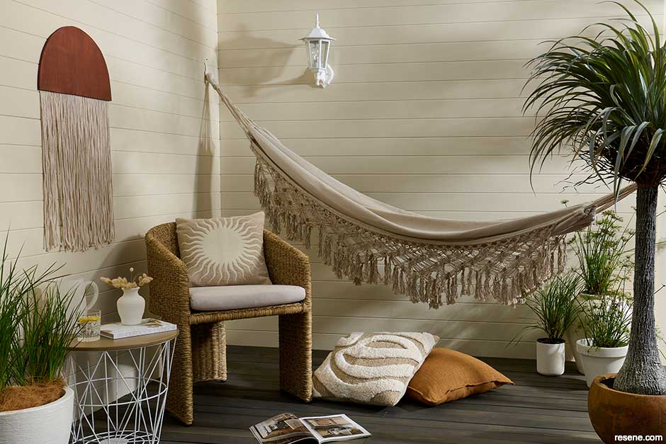An outdoor relaxing retreat in warm neutrals