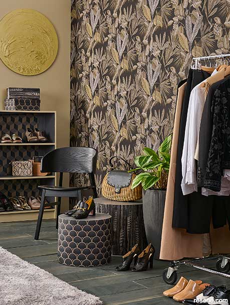 A feature wall in The dramatic botanical Resene Wallpaper Collection 221181