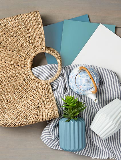 Mood board using restful colours - blues, greens, whites, neutrals