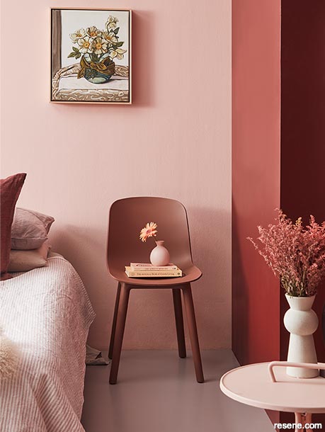 A bedroom with a soothing goddess colour palette