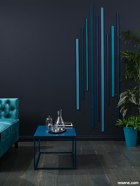 Deeps blues from Resene create a sense of drama in this lounge.