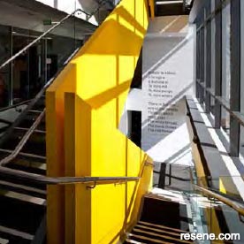 Colourful stairs with balustradings featuring Resene paints