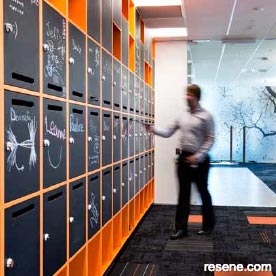 Locker doors are painted in Resene Blackboard Paint