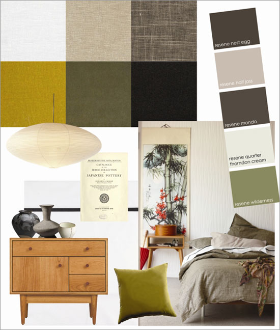 Ikebana inspired bed linen and Resene paint colours for a bedroom