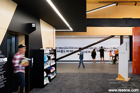 Modern red and white library interior