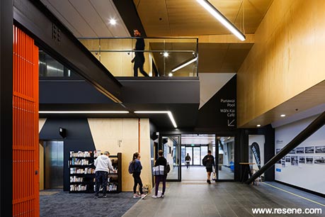 Red and white library interior
