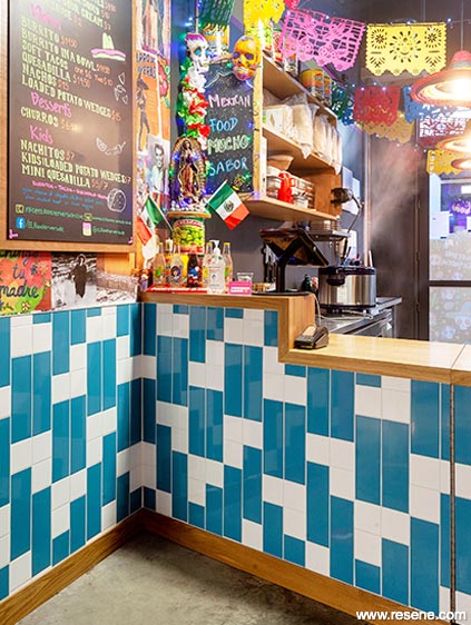 Blue and white restaurant interior