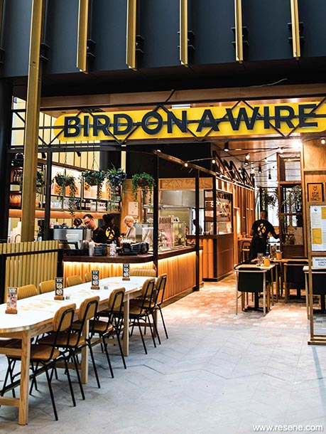 Blue and yellow restaurant exterior