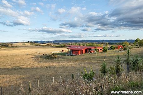 Bright red farmhouse exterior