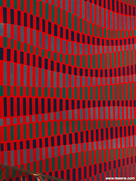 Blue, red, and green restaurant interior