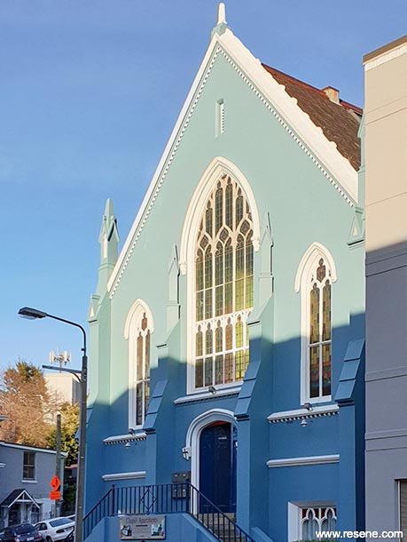 Blue apartment exterior