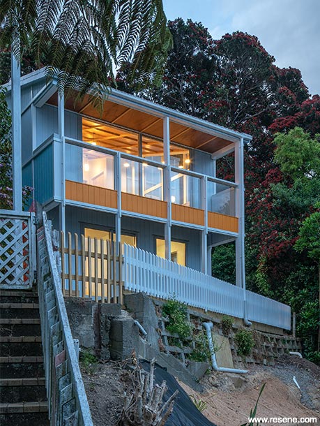 Orange and blue home exterior