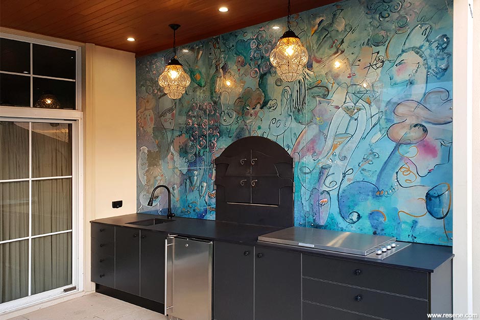 Colourful pizza oven splashback