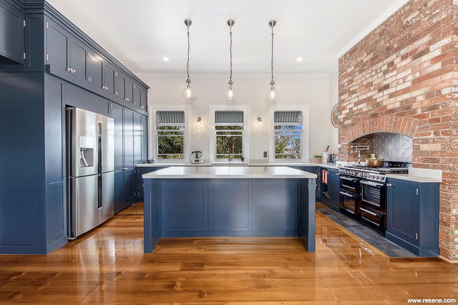 Dark blue and white kitchen