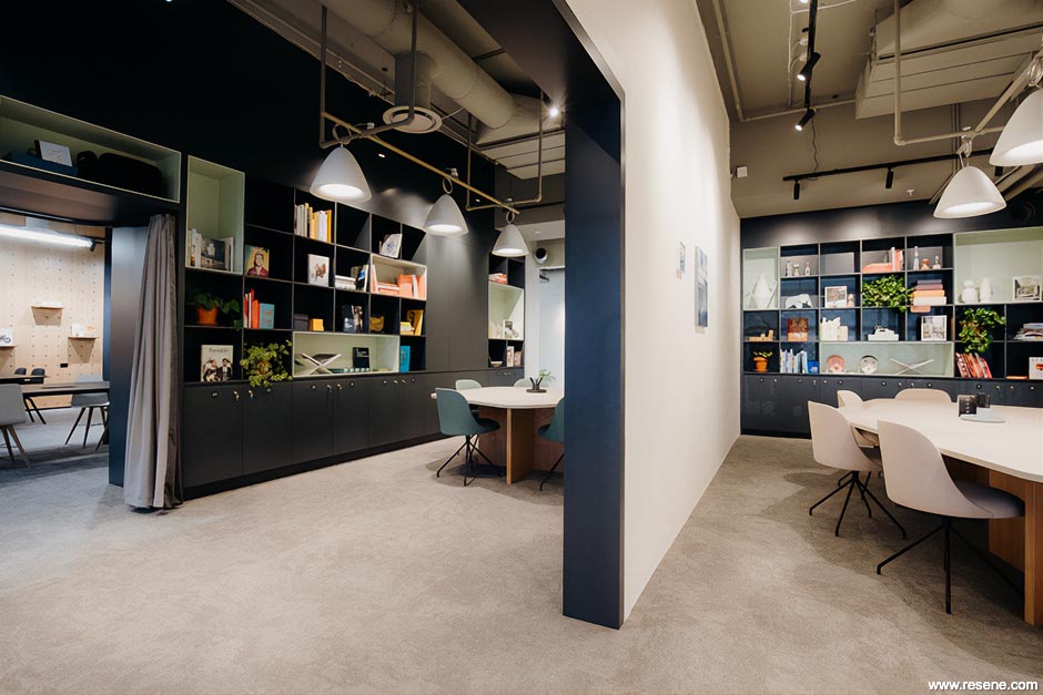 Blue, black, and white office space