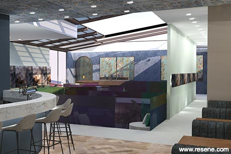 Blue and green restaurant interior
